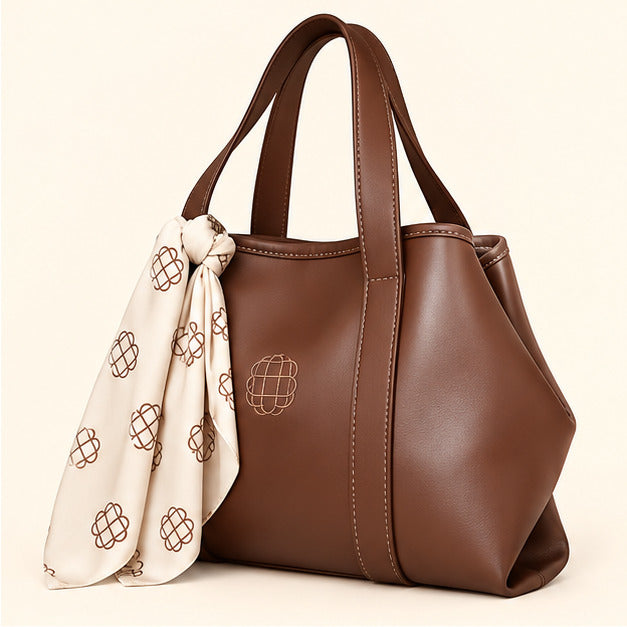 Bolso Marrón tipo tote con pañoleta — vista de lado