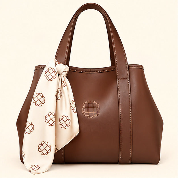 Bolso Marrón tipo tote con pañoleta — vista de frente
